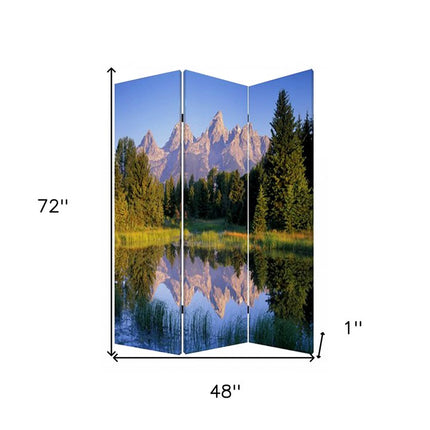 72" Blue And Green Canvas Folding Three Panel Screen Room Divider