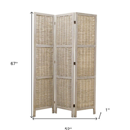 67" Beige Wood Folding Three Panel Screen Room Divider
