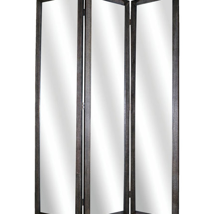 69" Black Wood and Mirrored Glass Folding Three Panel Screen Room Divider