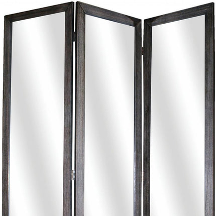 69" Black Wood and Mirrored Glass Folding Three Panel Screen Room Divider