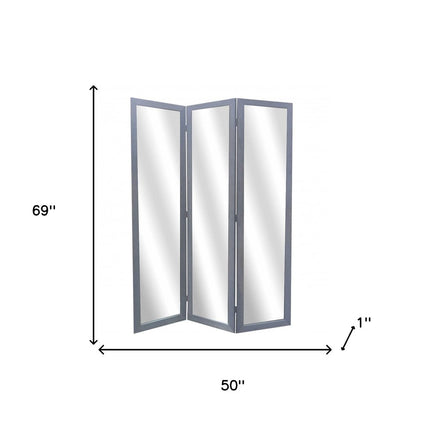 69" Black Wood and Mirrored Glass Folding Three Panel Screen Room Divider