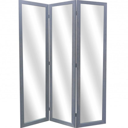 69" Black Wood and Mirrored Glass Folding Three Panel Screen Room Divider