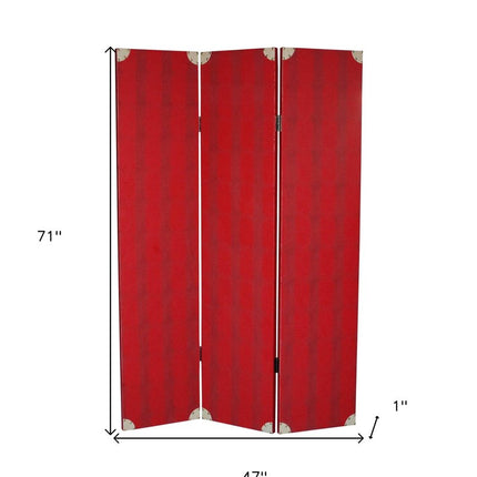71" Red Wood Folding Three Panel Screen Room Divider