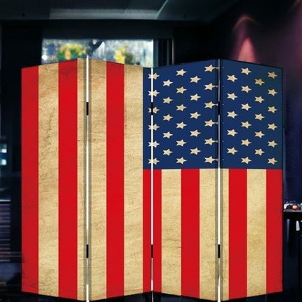 84" Red Natural And Blue American Flag Reversible Canvas Folding Four Panel Room Divider