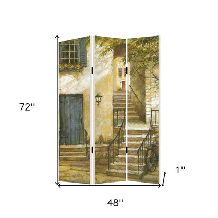 72" Beige Canvas Folding Three Panel Screen Room Divider