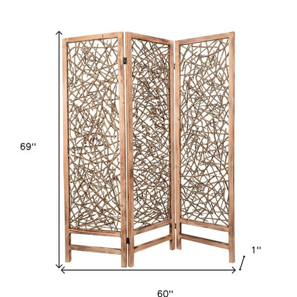69" Brown Wood Folding Three Panel Screen Room Divider