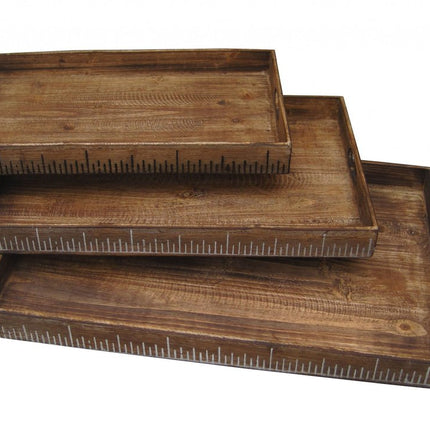 Set of Three Brown Wood Nesting Serving Trays