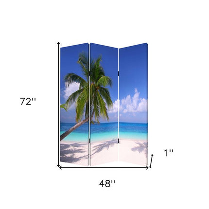 72" Blue And Green Canvas Folding Three Panel Screen Room Divider