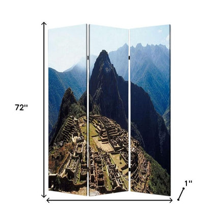 72" Blue And Green Canvas Folding Three Panel Screen Room Divider