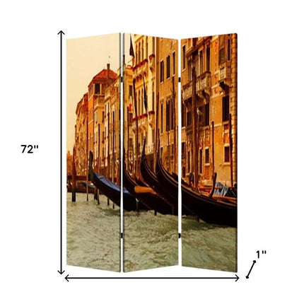 72" Brown Canvas Folding Three Panel Screen Room Divider