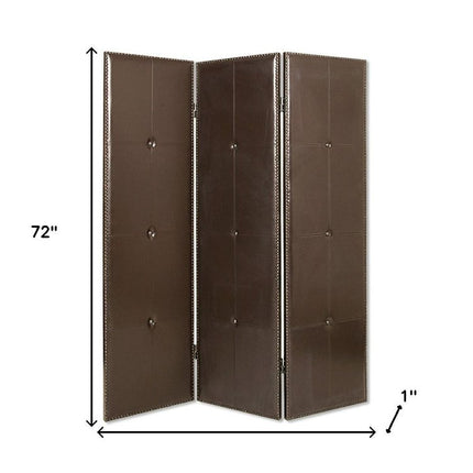 72" Brown Faux Leather Folding Three Panel Screen Room Divider