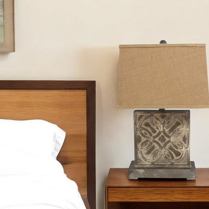 25" Distressed Brown Metal Bedside Lamp With Khaki Shade