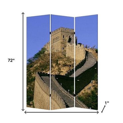 72" Blue Reversible China Cityscape Canvas Folding Three Panel Screen Room Divider