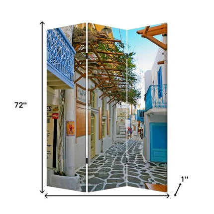 72" Blue And White Canvas Folding Three Panel Screen Room Divider