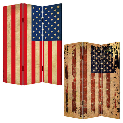 72" Blue And White Canvas Folding Three Panel Screen Room Divider