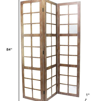 84" Brown Glass Folding Three Panel Screen Room Divider