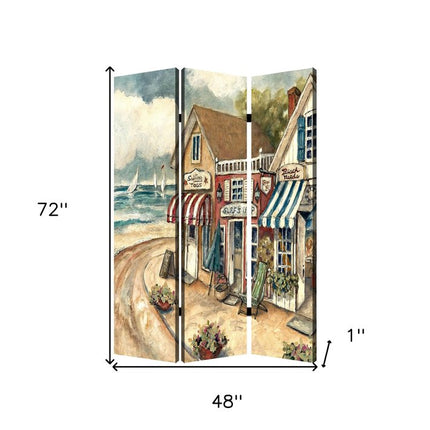 72" Beige Canvas Folding Three Panel Screen Room Divider