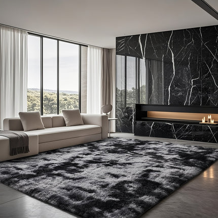 Soft Plush Polyester Area Mat - Grey & Black Rectangular Machine-Made Mat for Living Room,