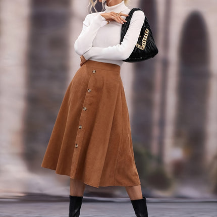 Elegant Solid Color Button-Front Flared Skirt for Women - High Waist, Machine Washable