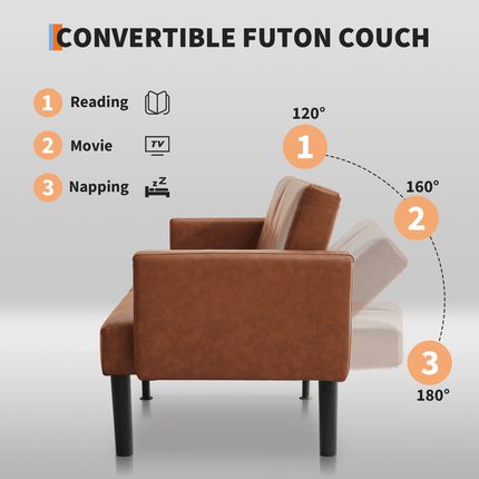 Sofa Bed, PU Leather Small Couch Sofa with Wood Legs&700lbs Capacity, Adjustable Folding Loveseat