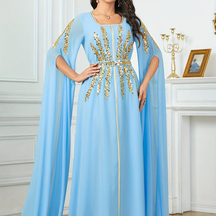 Middle Eastern Fashion Solid Color Sequin Embroidered Waist-Cinching Long Split Sleeve Gown Dress
