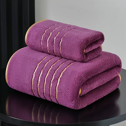 2pcs Modern Striped Coral Fleece Bath Towel and Hand Towel Set, Highly Absorbent