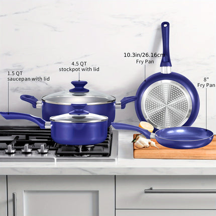 6pcs Nonstick Cookware Set - Diamond Blue, Aluminum & Ceramic Pots and Pans Lids,