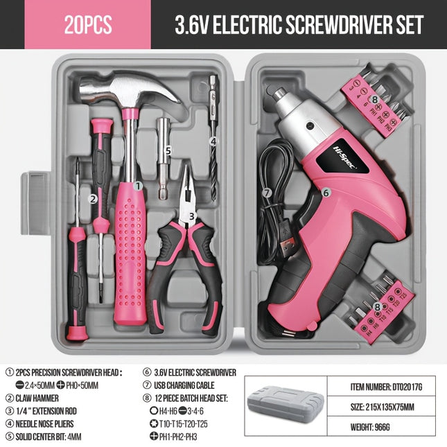 Hi-Spec Pink 3.6v Electric Screwdriver + Hand Tool Set Compact Handheld, Includes Hammer, Pliers,