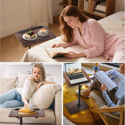 Adjustable Walnut C-Shaped Tray Table - Sturdy Metal Frame, Multi-Functional Arm Side Table for Sofa & Bed