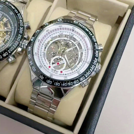 Men'S Luxury Automatic Mechanical Watch - Elegant Steel Band, Multi-Function Sun/Moon/Star Display,