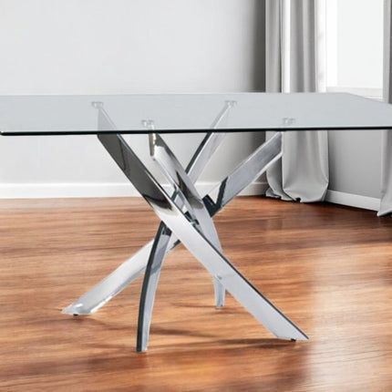 63" Clear And Silver Glass And Stainless Steel Pedestal Base Dining Table