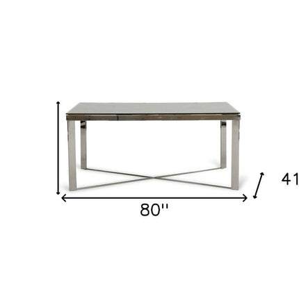 80" Clear And Silver Solid Wood And Stainless Steel Trestle Base Dining Table