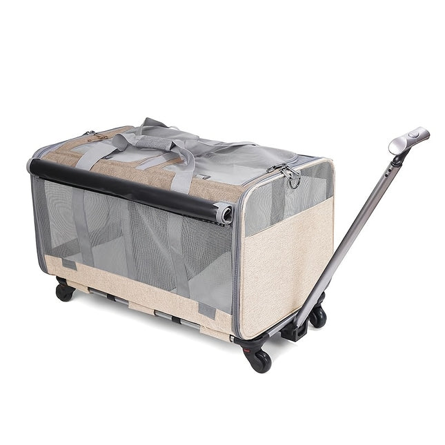 Double Compartment Detachable Travel Carrier for 2 Cats & Puppies - Spacious Pet Trolley with Ventilated Mesh & Removable Lining, Durable Wheels & Ergonomic Handle for Airplane Travel, Vet Visits, Road Trips