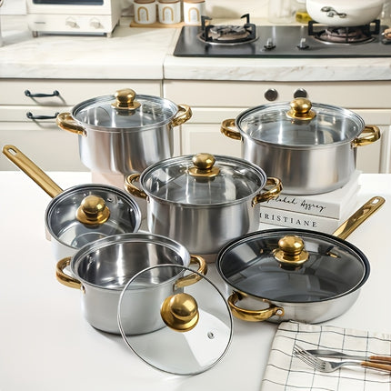12pcs Stainless Steel Cookware Set, (6 Pots + 6 Lids) Kitchen Cooking Set With Golden Handles,