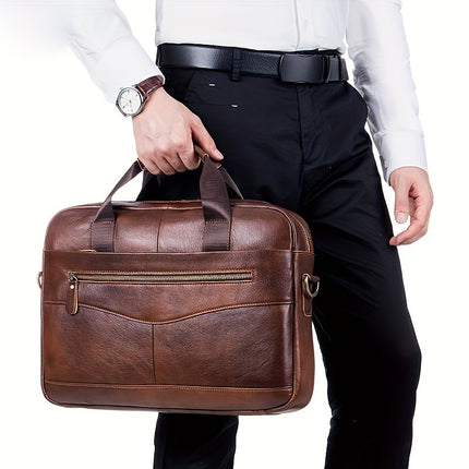 Men's Genuine Leather Full-Grain Cowhide Business Crossover Laptop Briefcase Handbag