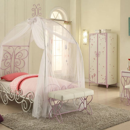 Purple and White Metal Canopy Bed Frame