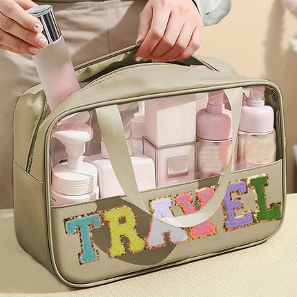 Light Pink TRAVEL Chenille Letter Clear PVC Makeup Bag