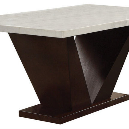 64" White And Dark Brown Marble And Solid Manufactured Wood Pedestal Base Dining Table