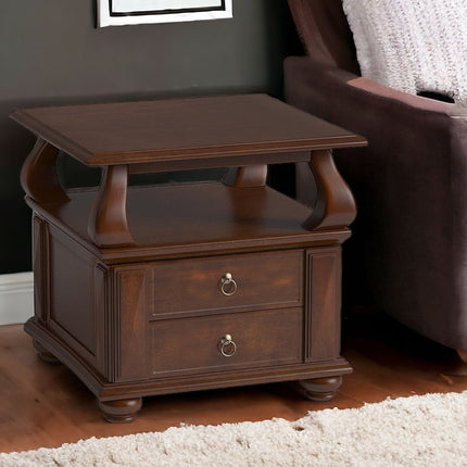 26" Brown Solid Wood Square End Table With Two Drawers And Shelf