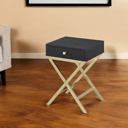 24" Gold And Black Solid Wood End Table With Drawer