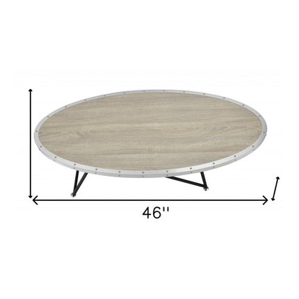 46" Natural and Black Wood And Iron Round Abstract Coffee Table