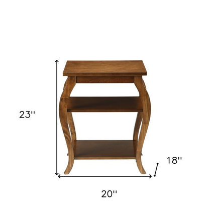 23" Brown Wood Bow Leg End Table With Two Shelves