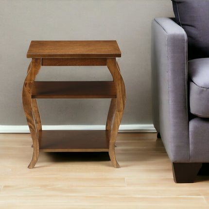 23" Brown Wood Bow Leg End Table With Two Shelves