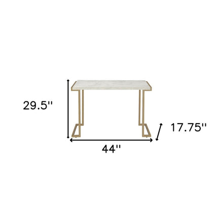 44" White and Gold Faux Marble And Iron Sled Coffee Table
