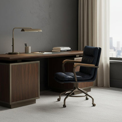 Navy Blue and Dark Brown Adjustable Swivel Leather Rolling Executive Office Chair