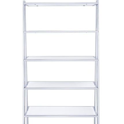 White And Silver Metal and Glass Five Tier Ladder Bookcase