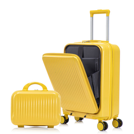 14'/20' 2 pcs/set in ABS Spinner Wheel Luggage, with Combination Lock and Front Opening Design, 14' Cosmetic Case (Yellow)