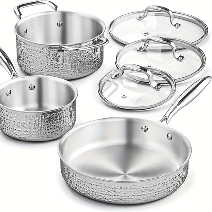 6-Piece Hammered Stainless Steel Cookware Set - Premium Non-Toxic Pots and Pans with Glass Lid,