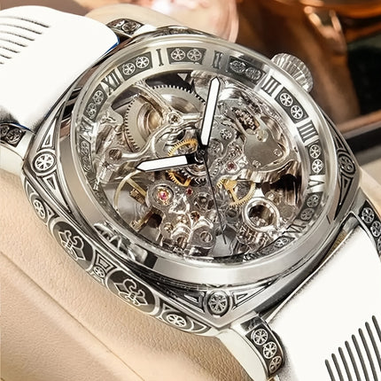 1pc Teen Men'S Yellow Black PU Belt Retro Style Noble Carved Hollow Tourbillon Mechanical Watch,