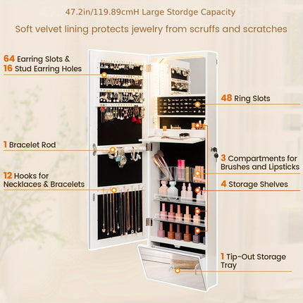 Wall Mounted Jewelry Cabinet Armoire Full-Length Mirror w/ LED Lights & Drawer